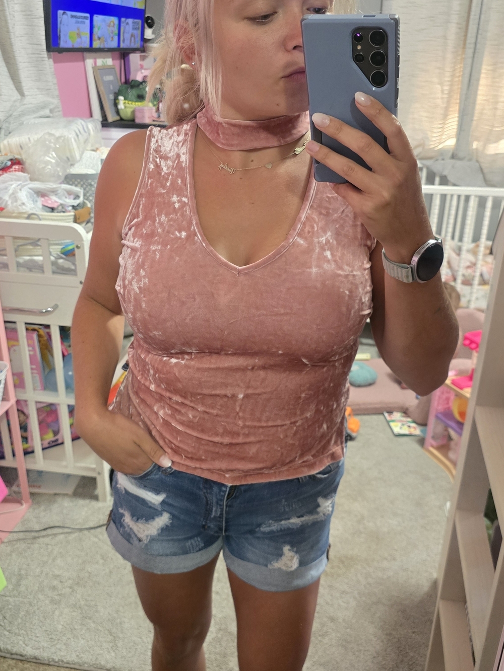 Candie's Dusty Pink Crushed Velvet Choker Tank
